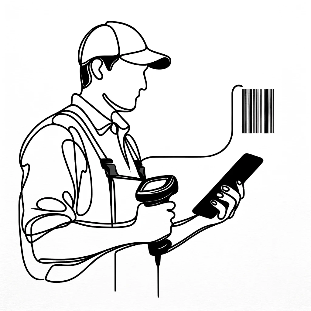 DALL·E 2024-01-10 17.26.23 - An updated minimalistic line drawing of a warehouse worker communicating with a smart device. The worker is depicted using a single, fluid black line 